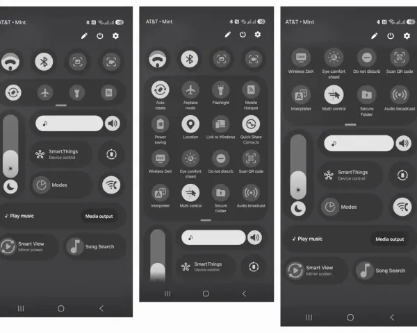 Panel szybkich ustawień z interfejsem One UI 8.5, pokazujący ikony Wi-Fi, Bluetooth, trybu samolotowego, SmartThings i sterowania mediami.