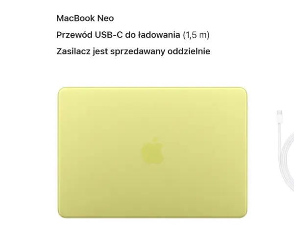 Kiedy nowy MacBook Neo, w zestawie przewód USB-C. Zasilacz kupisz osobno.