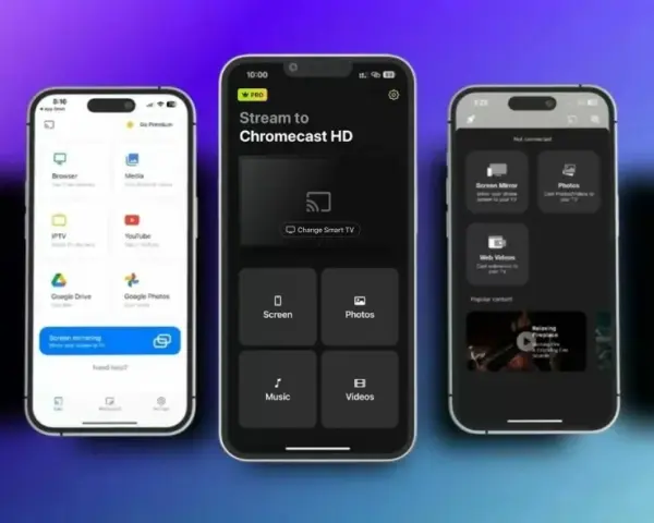 Aplikacje na iPhone'a ułatwiające klonowanie ekranu. Widzimy opcje takie jak Screen Mirroring, Stream to Chromecast HD i Connect to Chromecast.