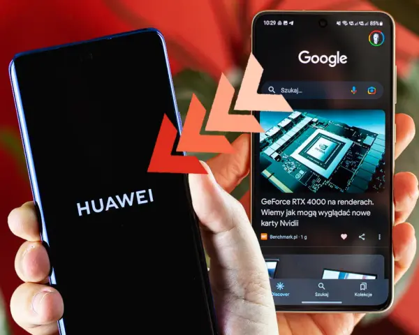 Dwa telefony: jeden z logo HUAWEI, drugi z wyszukiwarką Google. Porównanie technologii.