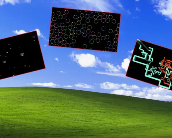 Trzy czarne prostokąty unoszą się nad zielonym wzgórzem, przypominając wygaszacz ekranu Windows 11. Jeden zawiera kolorowe bańki, drugi ikony, a trzeci abstrakcyjne, kolorowe rury.