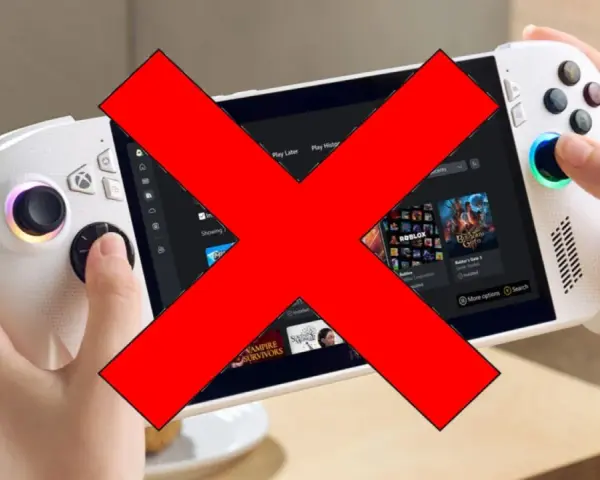 Ręce trzymają biały handheld gamingowy, podobny do Xbox Rog Ally X, z wielkim czerwonym krzyżem na ekranie.
