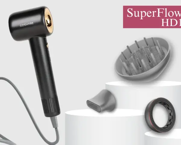 Czarna suszarka COSHARE z technologią jonizacji, dyfuzorem i koncentratorem. SuperFlow1 HD10.