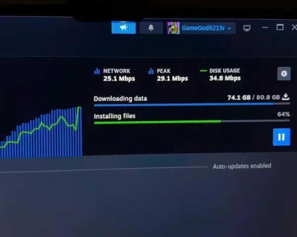 Monitor pokazuje pobieranie gry na Steam. Sieć działa z prędkością 25.1 Mbps, a dysk jest obciążony w 34.8 Mbps. Jak przyśpieszyć pobieranie na Steam?
