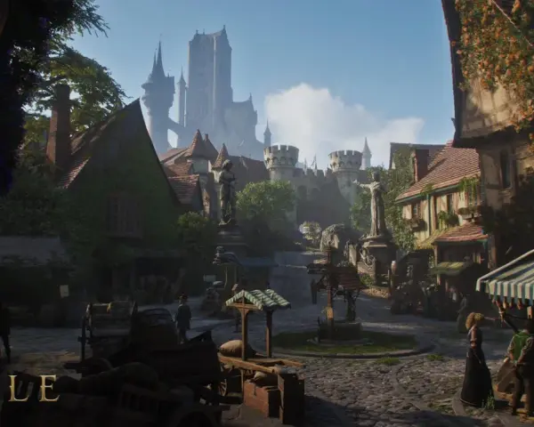 Urocza wioska z kamiennymi domami i zamkiem w tle, jak z gry Fable 2 PC.