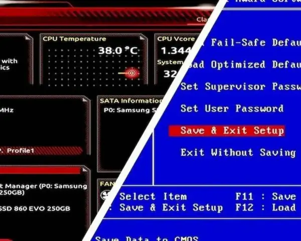 Ekran BIOS-u z informacjami o temperaturze CPU i opcjami, w tym "Save & Exit Setup", co jest kluczowe, gdy zastanawiasz się, jak zaktualizować BIOS.
