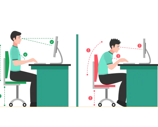 Prawidłowa ergonomia pracy przy komputerze: wyprostowana postawa, wzrok na linii ekranu. Zła postawa: garbienie się, oczy poniżej ekranu.