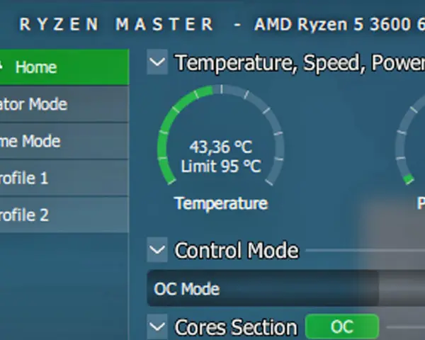 Jak sprawdzić temperaturę CPU? Aplikacja Ryzen Master pokazuje aktualną temperaturę procesora AMD Ryzen 5 3600, która wynosi 43,36°C.