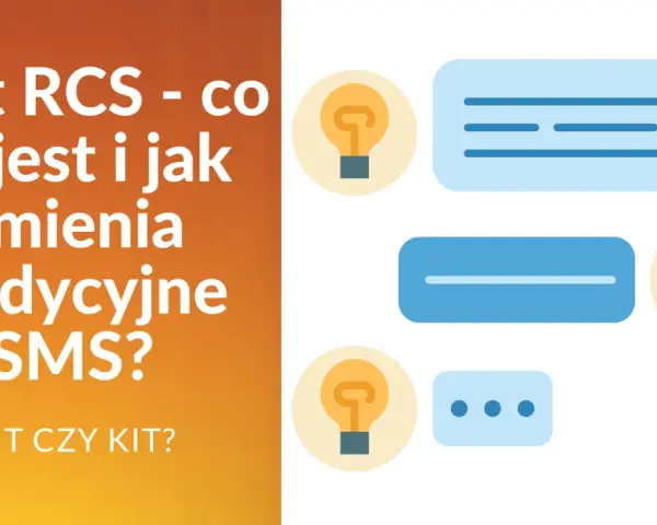 Czat RCS - co to jest i jak zmienia tradycyjne SMS? Ikony czatu i żarówki sugerują innowację.