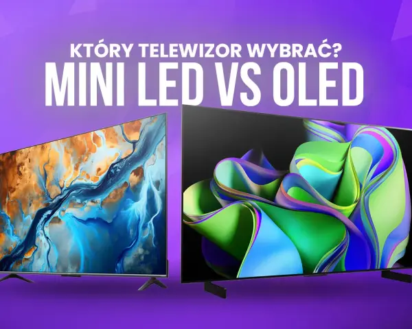 Dwa telewizory, jeden z abstrakcyjnym obrazem w odcieniach niebieskiego i pomarańczowego, drugi z kolorowymi falami. Porównanie technologii: MINI LED vs OLED.