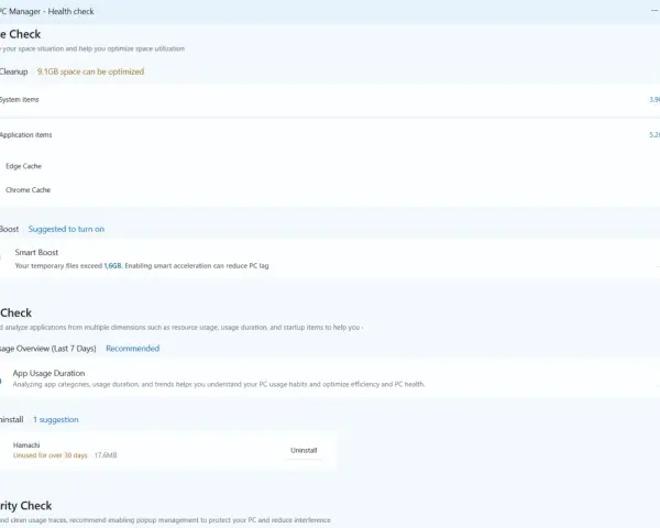 Microsoft PC Manager: Sprawdź stan dysku, optymalizuj miejsce (9.1GB do zwolnienia), włącz Smart Boost i analizuj użycie aplikacji.