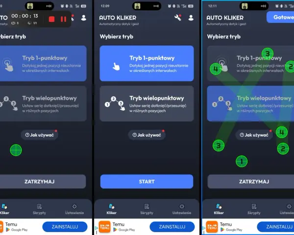 Ekran aplikacji auto clicker z opcjami trybu 1-punktowego i wielopunktowego. Widoczne są przyciski "Start", "Zatrzymaj" i "Gotowe".