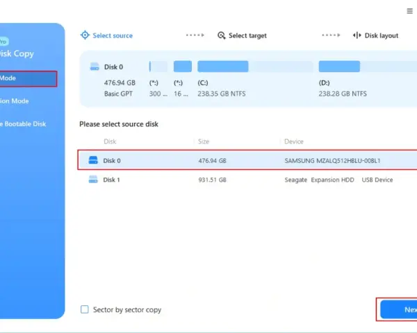Interfejs programu do kopiowania dysków. Wybrano tryb "Disk Mode", zaznaczono "Disk 0" jako dysk źródłowy, gotowy do wykonania operacji, jak sklonować dysk.