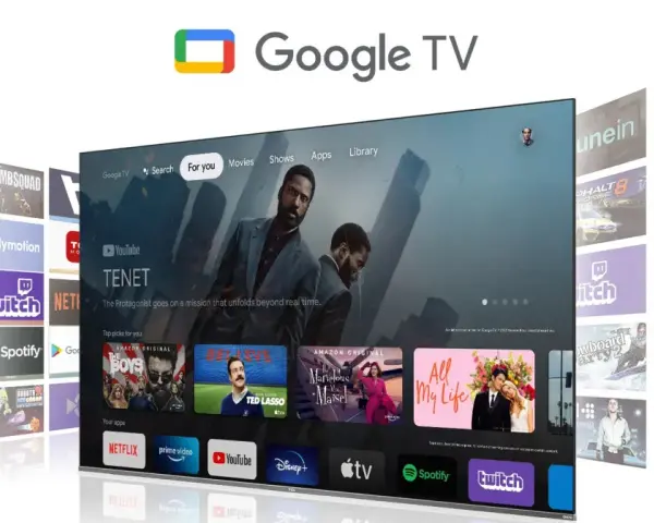 Google TV to platforma streamingowa z filmami i serialami. Na ekranie widać interfejs z tytułem "Tenet" i rekomendacjami.