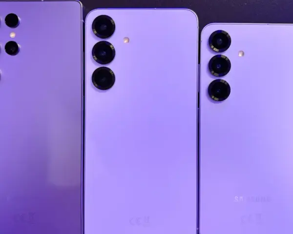 Trzy fioletowe smartfony Samsung, w tym model z czterema aparatami, zapowiadają premierę Samsung S26.