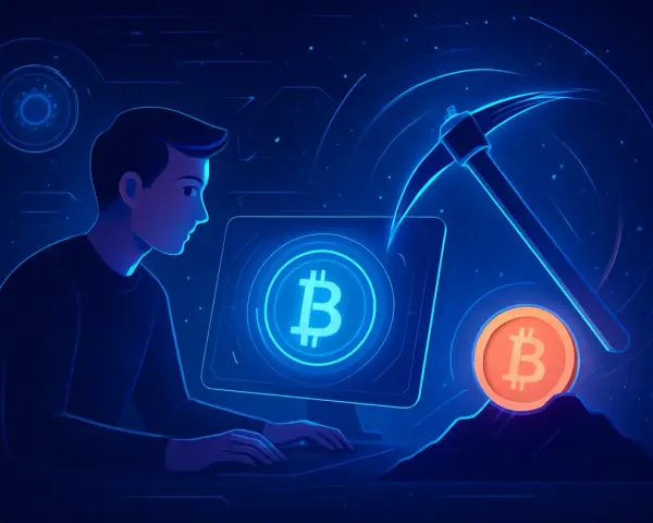 Mężczyzna przy komputerze uczy się, jak kopać kryptowaluty na PC. Wirtualna sieć i symbol Bitcoina sugerują cyfrowy świat.