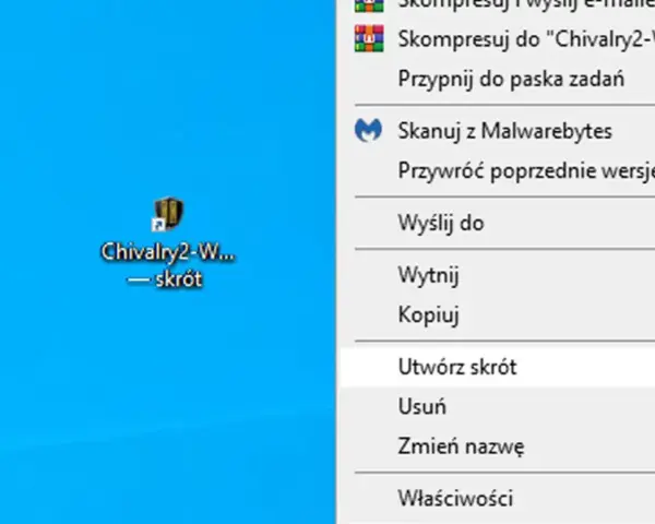 Menu kontekstowe z opcją "Utwórz skrót" na pulpicie, pokazujące jak zmienić pulpit.