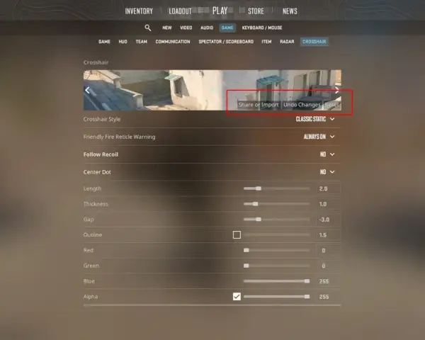Ustawienia celowników CS GO: suwaki do regulacji długości, grubości, odstępu, obrysu i koloru. Możliwość udostępniania i importowania celowników.