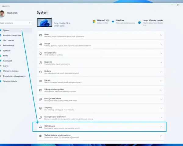 Ustawienia systemu Windows, sekcja "Odzyskiwanie" - tu znajdziesz opcje, jak sformatować komputer, resetując go lub uruchamiając zaawansowane opcje.