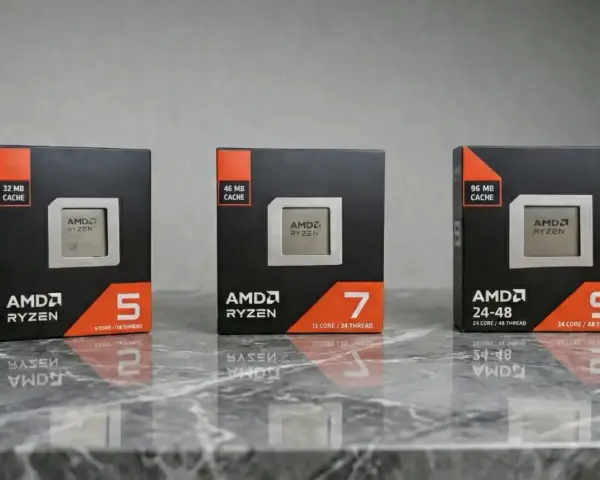 Trzy pudełka z procesorami nowe procesory AMD Ryzen 5, 7 i 9, z różną ilością pamięci cache i rdzeni.