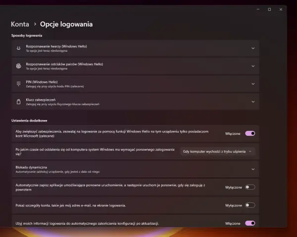 Ustawienia konta Windows 11: opcje logowania, w tym PIN i klucz zabezpieczeń. Dowiedz się, jak usunąć hasło Windows 11, zarządzając metodami logowania.