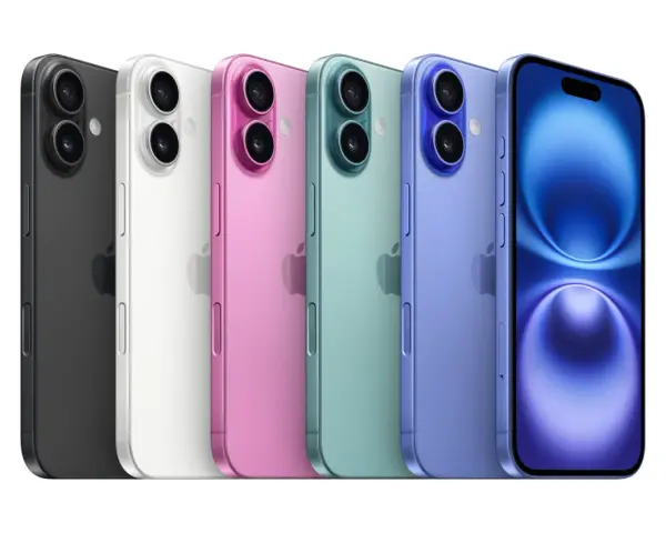 Pięć iPhone'ów 16 w kolorach: czarny, biały, różowy, zielony i fioletowy, prezentuje paletę barw.
