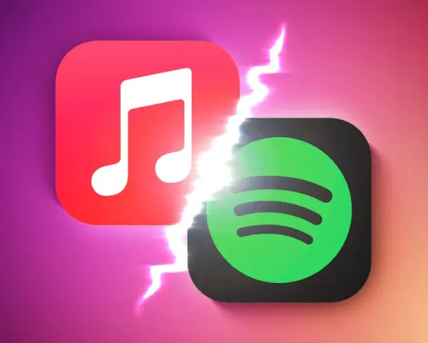 Logo Apple Music i Spotify obok siebie, rozdzielone błyskawicą. Który wybierasz: Apple Music czy Spotify?