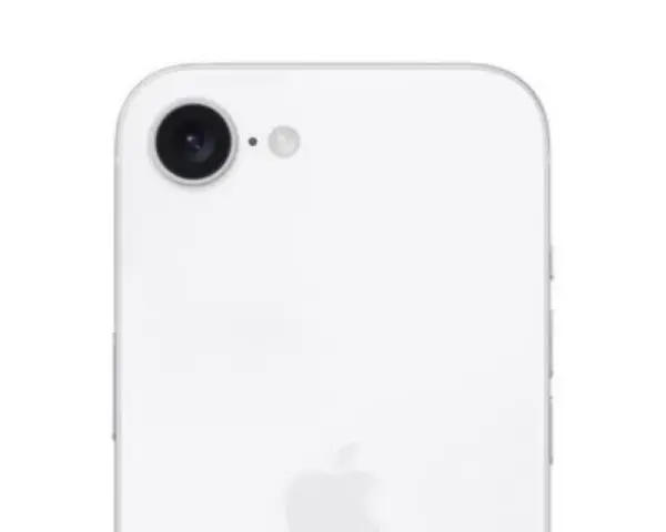 Biały tył iPhone SE 4 z pojedynczym aparatem i błyskiem.