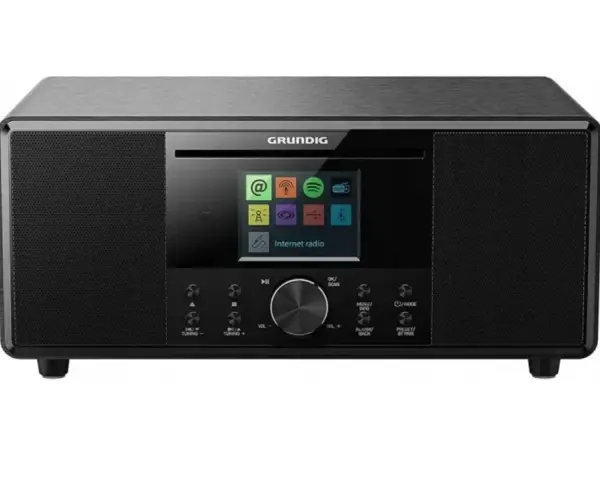 Czarny, nowoczesny Grundig z kolorowym wyświetlaczem, oferujący najlepsze radio internetowe.