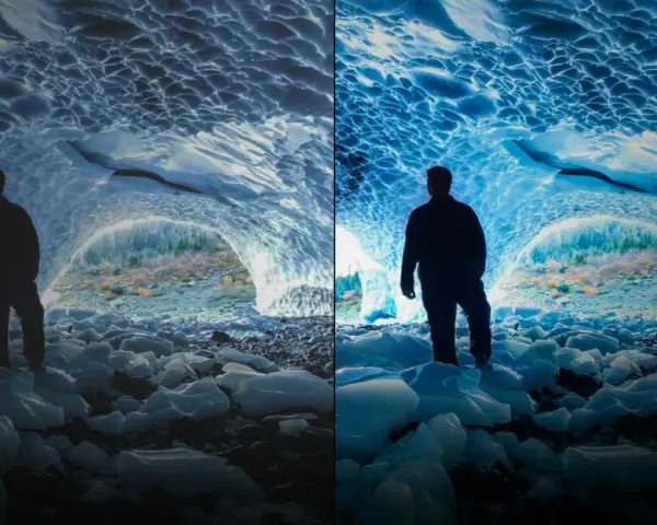 Porównanie obrazu z i bez Dolby Vision. Widok jaskini lodowej z postacią, gdzie Dolby Vision podkreśla głębię i kolory.