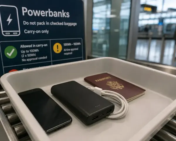 Na lotnisku, na taśmie do kontroli bezpieczeństwa, leżą telefon, powerbank i paszport. Znak informuje, jaki powerbank do samolotu można zabrać.