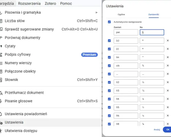 Ustawienia automatycznego zastępowania w dokumencie, gdzie "par." zamienia się na §. Widoczne są też inne skróty, np. (c) na ©.