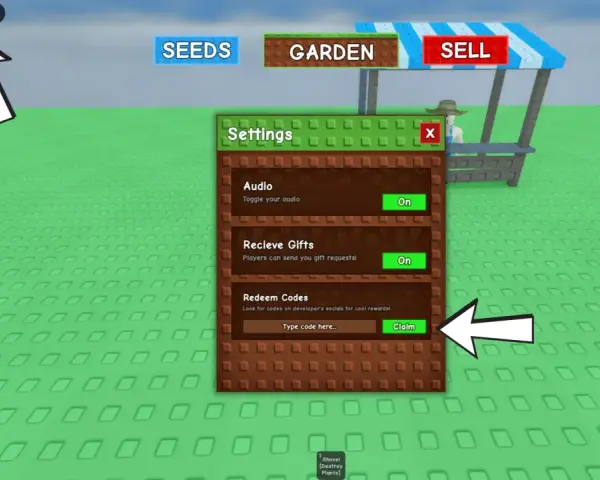 Ustawienia gry z opcją wpisywania kodów do grow a garden.