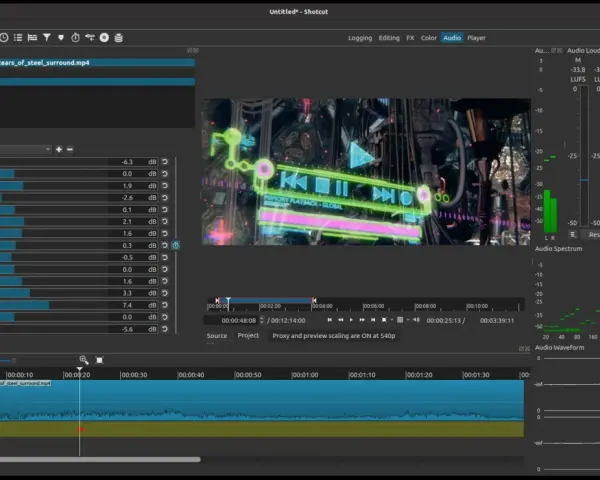 Shotcut, program do łączenia filmów, z widocznym edytorem audio i wizualizacją dźwięku.
