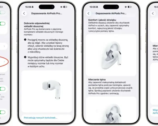 Ekran ustawień AirPods Pro 3 z opcją dopasowania i pomiaru tętna.