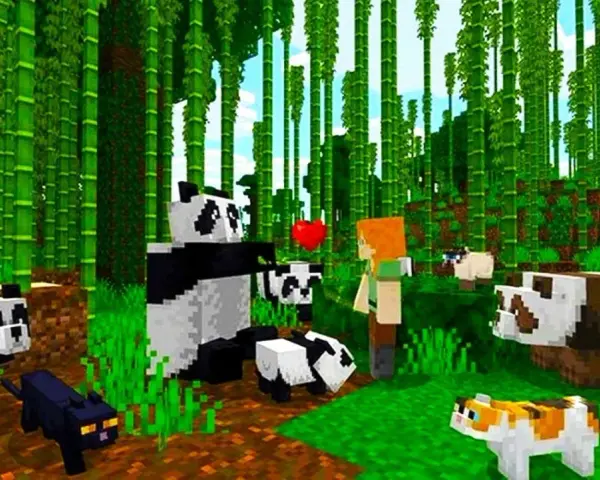 W bambusowym lesie Minecraft, Alex i pandy cieszą się wspólnym czasem. Dowiedz się, jak zainstalować mody do Minecraft, by dodać więcej zwierząt i przygód!