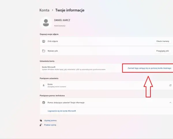 Ustawienia konta Windows 11: opcja "Zamiast tego zaloguj się za pomocą konta lokalnego" pozwala na zmianę sposobu logowania.