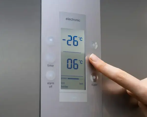 Palec naciska przycisk "super" na panelu lodówki no frost. Wyświetlacz pokazuje -26°C i 06°C.