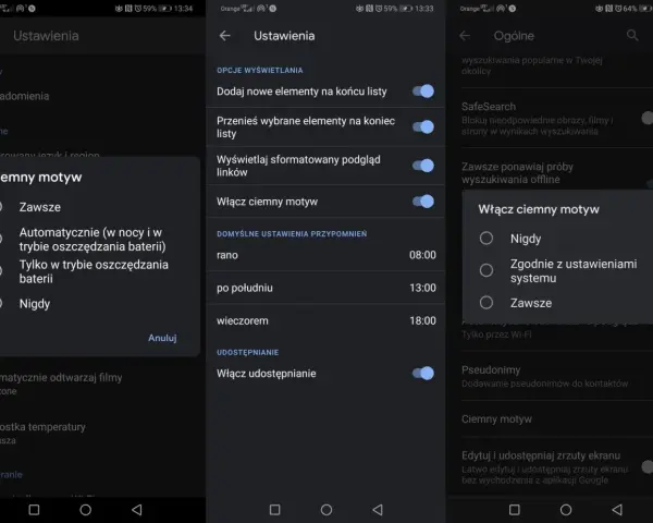 Ustawienia telefonu z włączonym ciemnym motywem Google. Wybór opcji: Zawsze, Automatycznie, Tylko w trybie oszczędzania baterii lub Nigdy.
