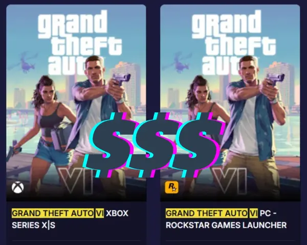 Kiedy premiera GTA 6? Dwie wersje gry, Xbox i PC, z wielkimi znakami dolara sugerującymi wysoką cenę.