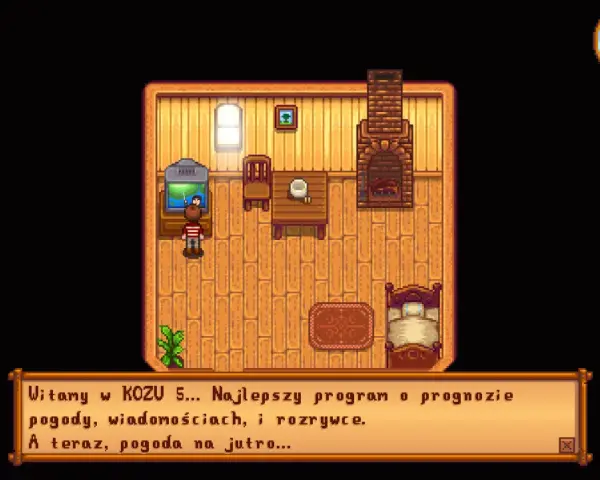 Postać w Stardew Valley słucha prognozy pogody w spolszczeniu.