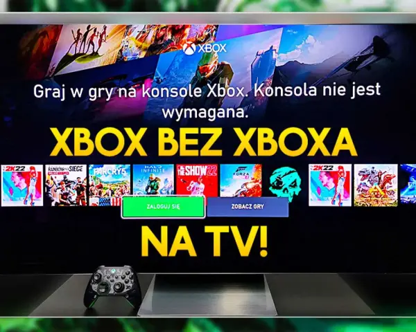 Graj w gry na telewizor bez konsoli Xbox! Ekran TV wyświetla kolekcję gier, zachęcając do zabawy.