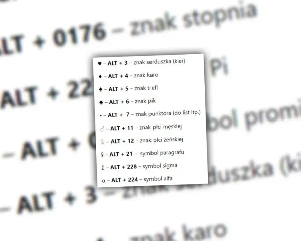 Lista skrótów klawiszowych do wprowadzania znaków specjalnych na klawiaturze: serduszko, karo, trefl, pik, płeć, paragraf, sigma, alfa.