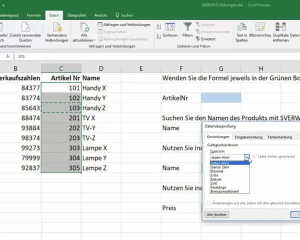 Excel blokowanie komórek: okno "Kontrola poprawności danych" z zaznaczoną opcją "Każda wartość" i zaznaczonym polem "Ignoruj puste komórki".