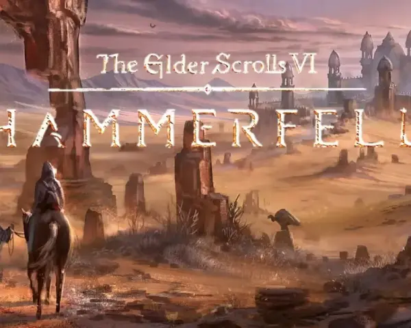 Krajobraz Hammerfell z gry The Elder Scrolls VI. Postacie wędrują przez pustynię w kierunku miasta.