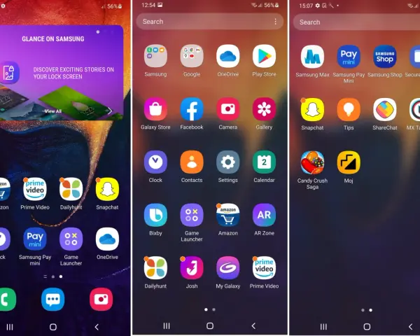 Ekran telefonu z ikonami aplikacji, w tym Samsung, Google, OneDrive, Play Store, Facebook, Snapchat. Widoczny też baner "Glance on Samsung" - to właśnie appcloud co to.