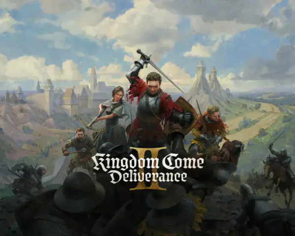 Zacięta bitwa w Kingdom Come: Deliverance II. Rycerze w zbrojach walczą mieczami i łukami na tle średniowiecznego miasta i zamków.
