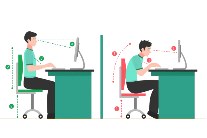 Prawidłowa ergonomia pracy przy komputerze: wyprostowana postawa, wzrok na linii ekranu. Zła postawa: garbienie się, oczy poniżej ekranu.