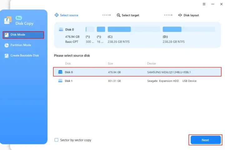Interfejs programu do kopiowania dysków. Wybrano tryb "Disk Mode", zaznaczono "Disk 0" jako dysk źródłowy, gotowy do wykonania operacji, jak sklonować dysk.