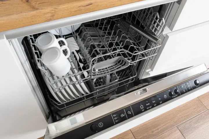 Wnętrze zmywarki Whirlpool 6th Sense z koszami pełnymi naczyń, w tym kubków i talerzy.